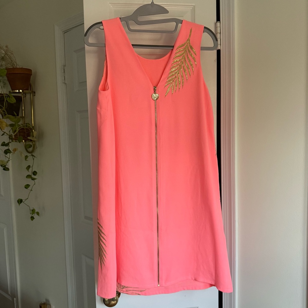 Lilly Pulitzer Coral Pink Gold Palm Leaf Shift Dress- Size XS - Picture 4 of 7